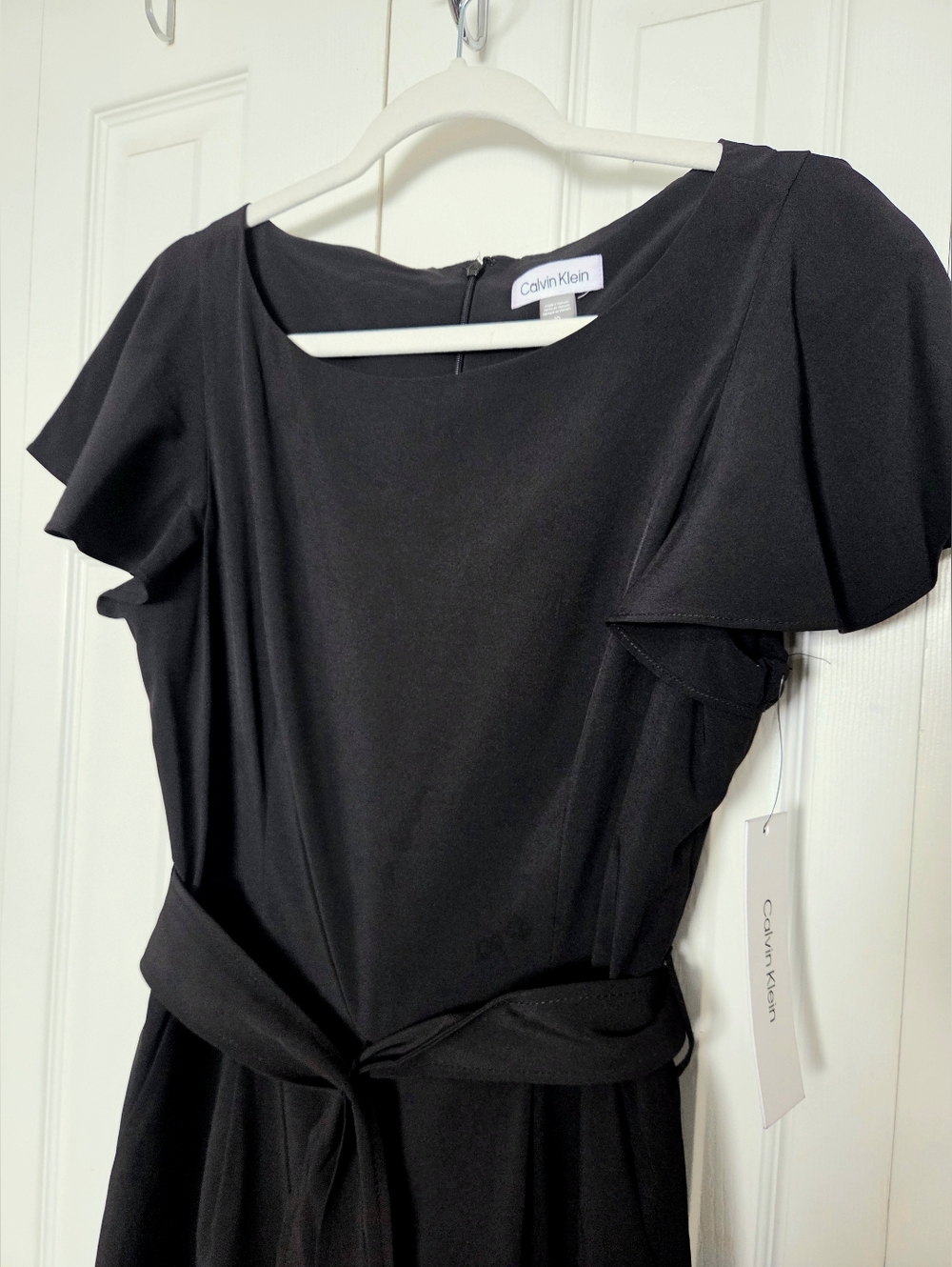 Calvin Klein Black Flutter-Sleeve Jumpsuit with Waist Tie - Picture 2 of 11